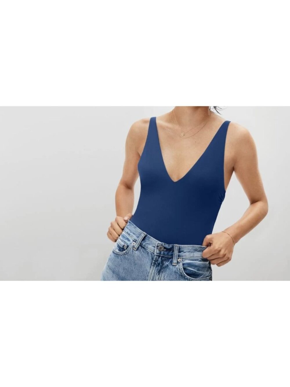 Everlane ReNew Blue Stretchy Bodysuit V Neck Adjustable Straps Sustainable Minim